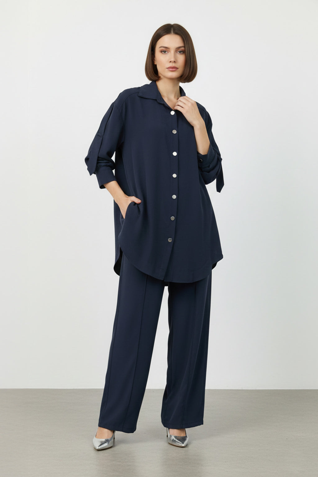 Ensemble pantalon et chemise col cubain vert sauge