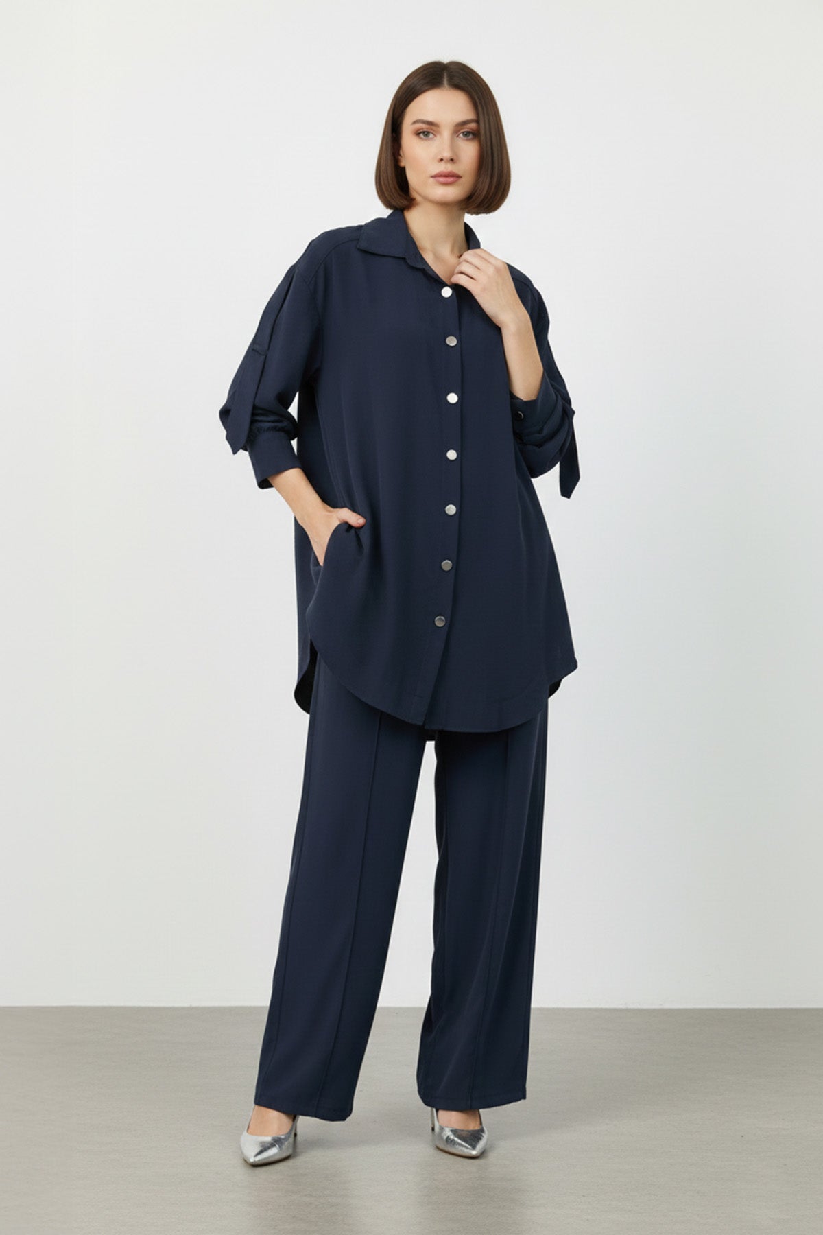 Ensemble pantalon et chemise col cubain vert sauge
