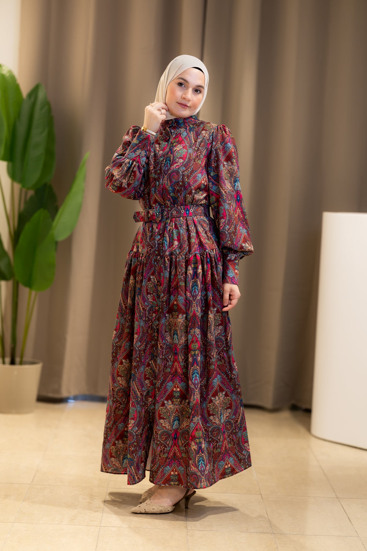 Robe longue à imprimé cachemire bordeaux