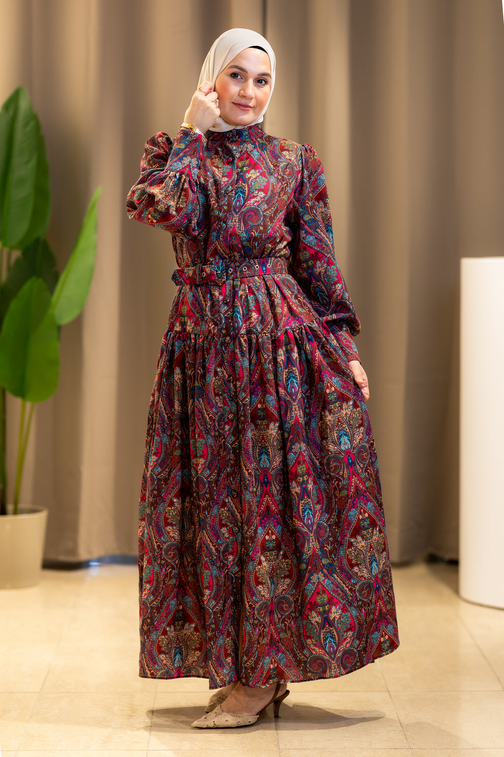 Robe longue à imprimé cachemire bordeaux