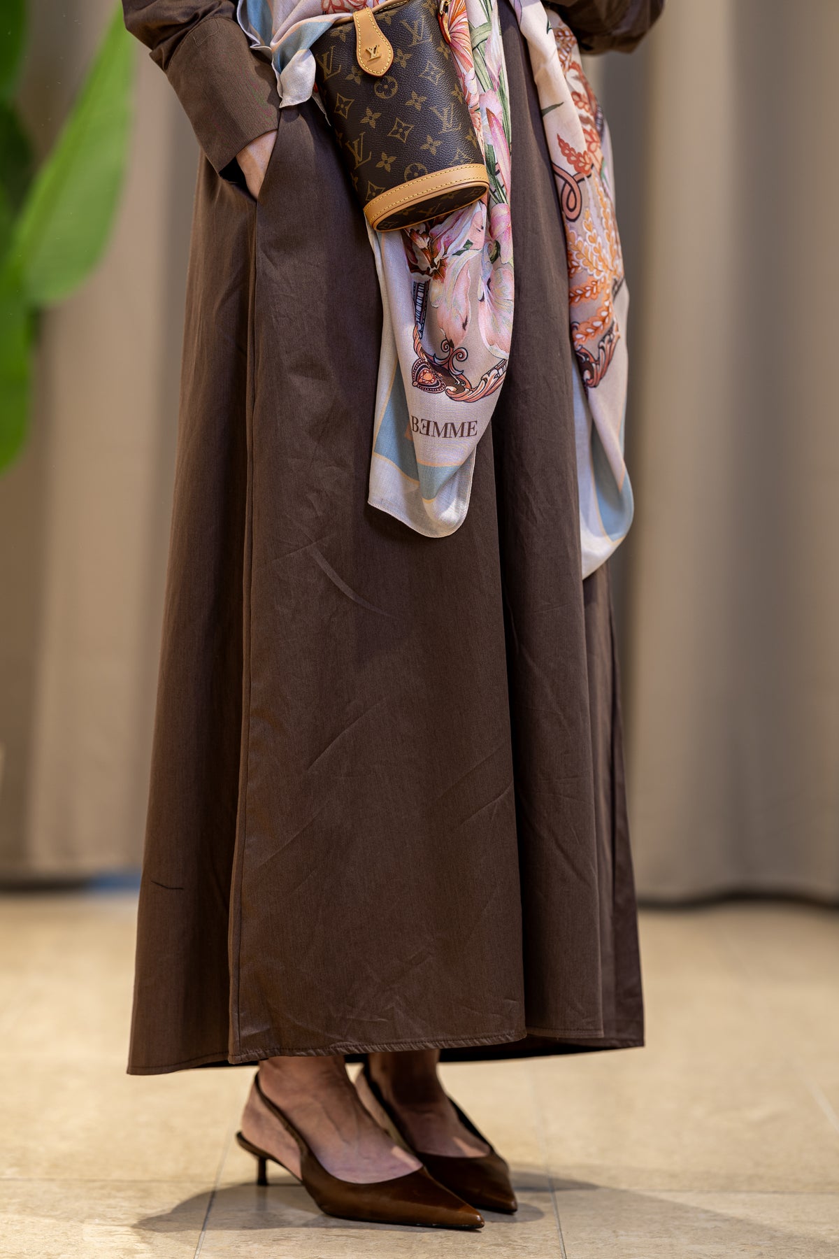 Robe chemise longue marron en coton