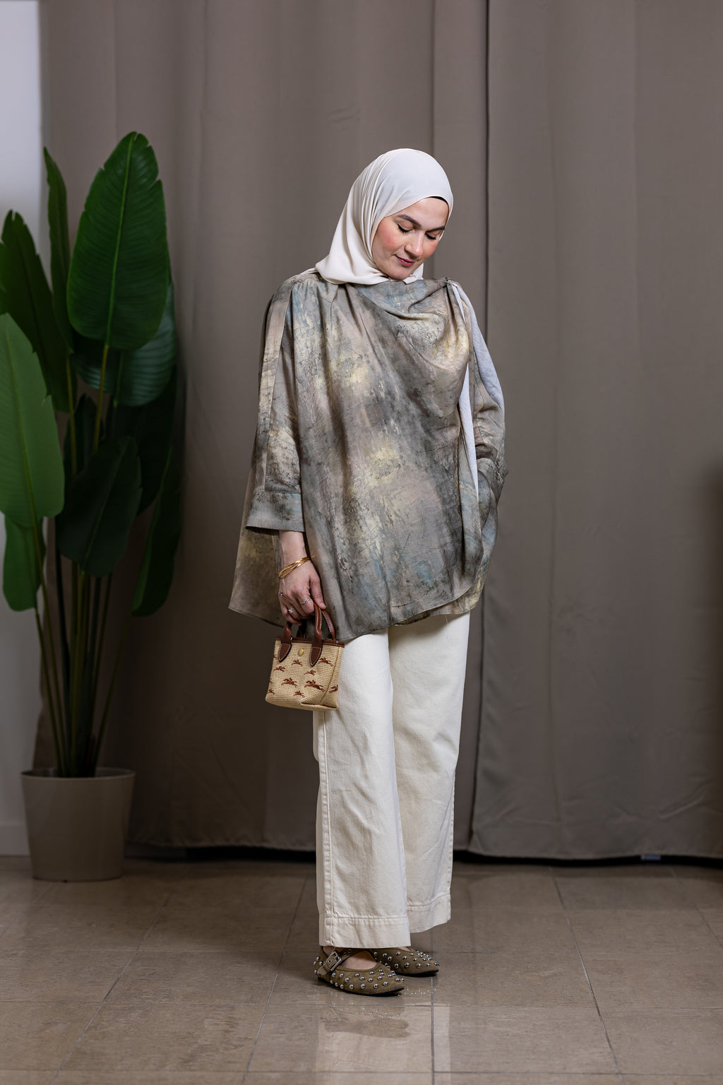 Tunique oversize à imprimé marbré kaki