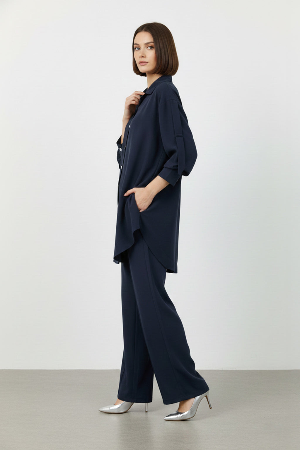 Ensemble pantalon et chemise col cubain vert sauge